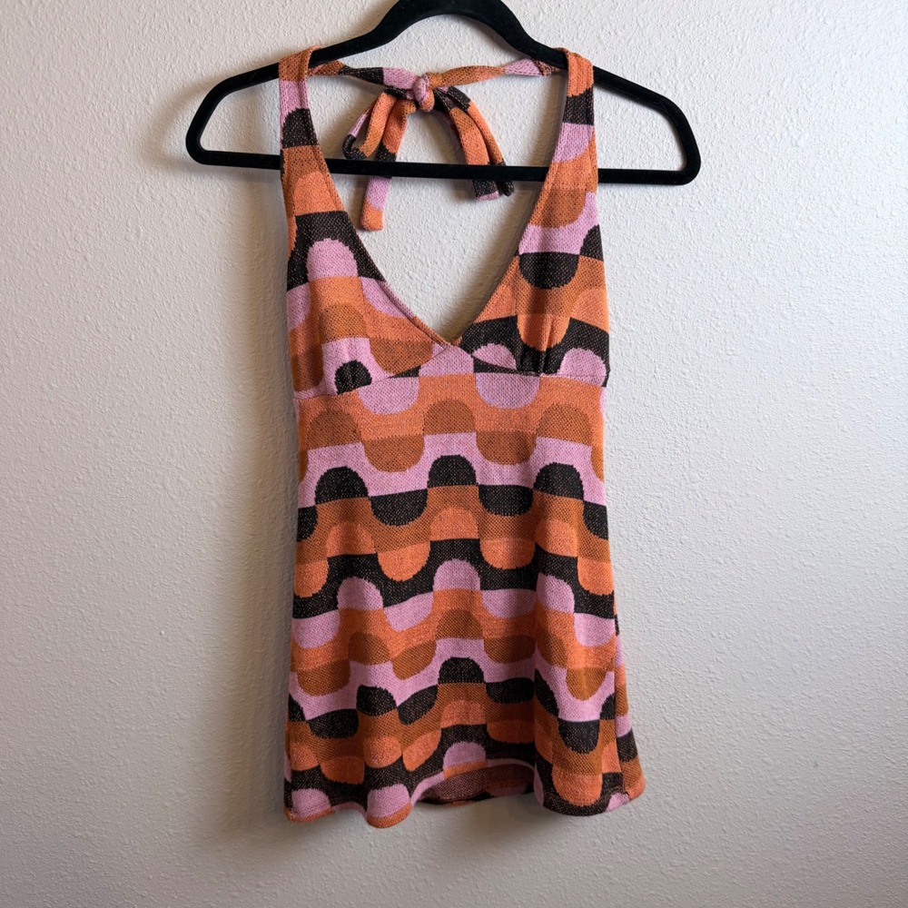 Motel Coda Mini Dress Abstract Art Pink Retro Knit Halter Neck Sleeveless Small